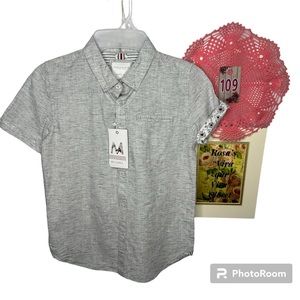 NWT Denim & Flower Ricky Singh Boys Grey& White Button-Down Shirt Flower Sleeve